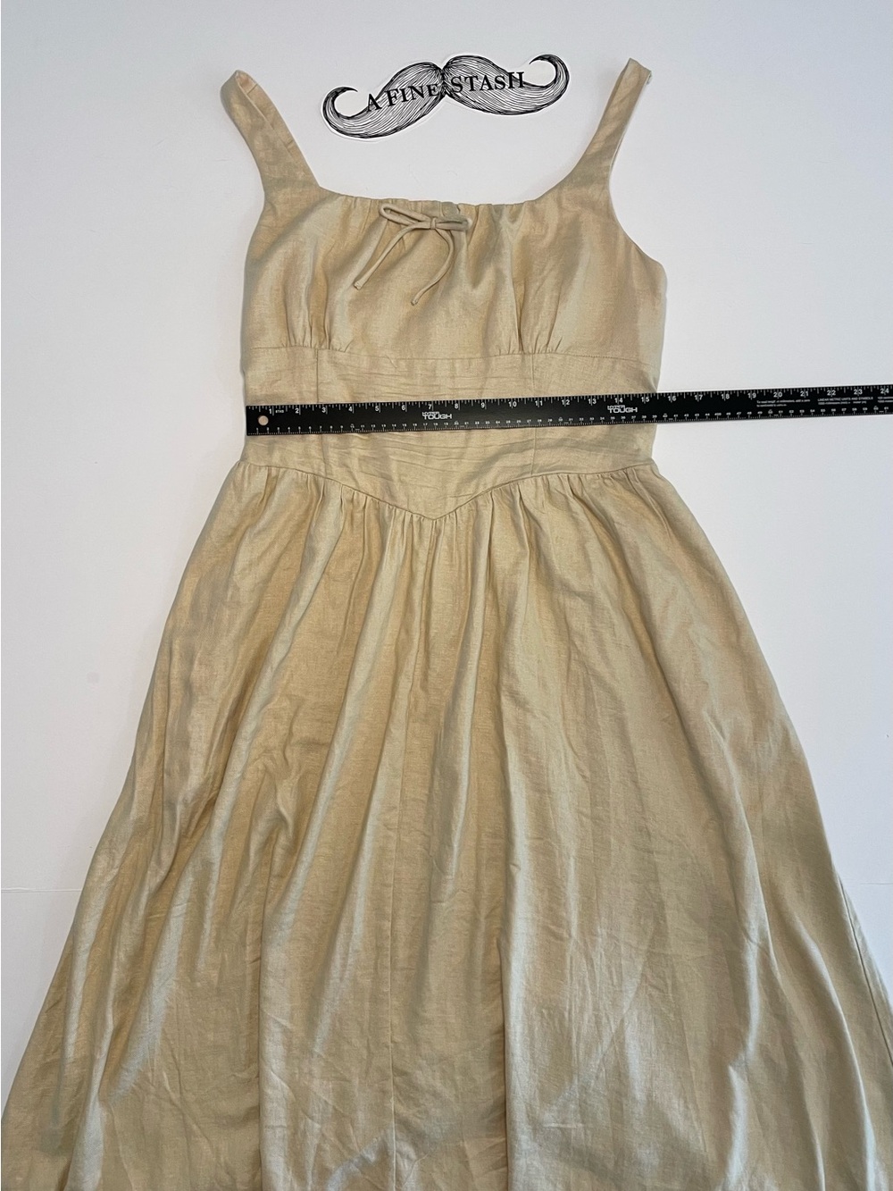 House of Harlow 1960 Linen Blend Square Neck Midi Dress Beige Smocked Back Large